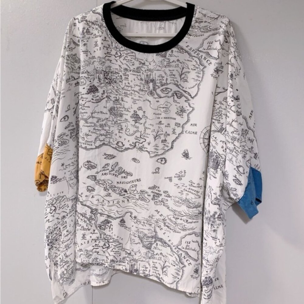 Map Print Oversized silk Shirt with Colorful Sleeves
